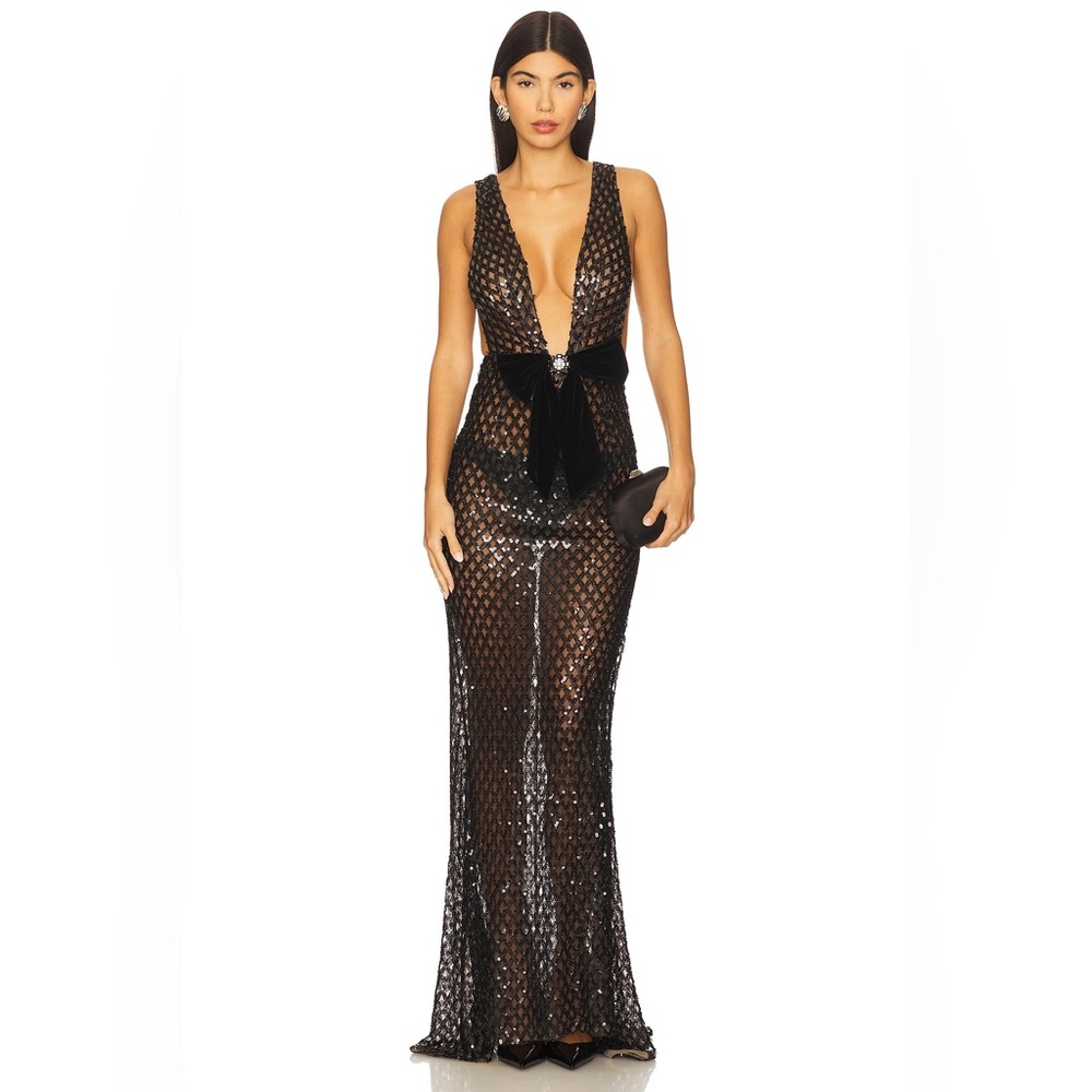 Bronx & Banco Black Velvet Bow Embellished Liora Gown L NWOT